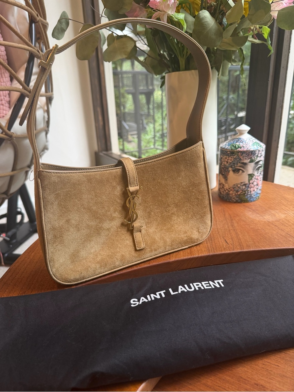 Saint Laurent Tan Suede Shoulder Bag with Gold YSL Logo